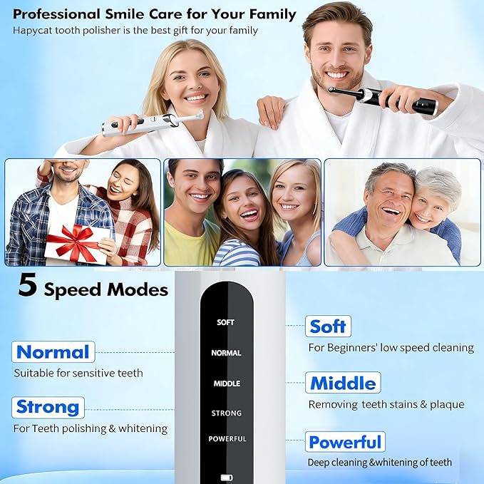 Tooth Polisher Kit with 5 Speed Modes and 5 Heads,Tooth Whitening for Cleaning with Led Light, IPX7 Waterproof Tooth Polish Complete Teeth Cleaning Tools Home Dental Care Set White