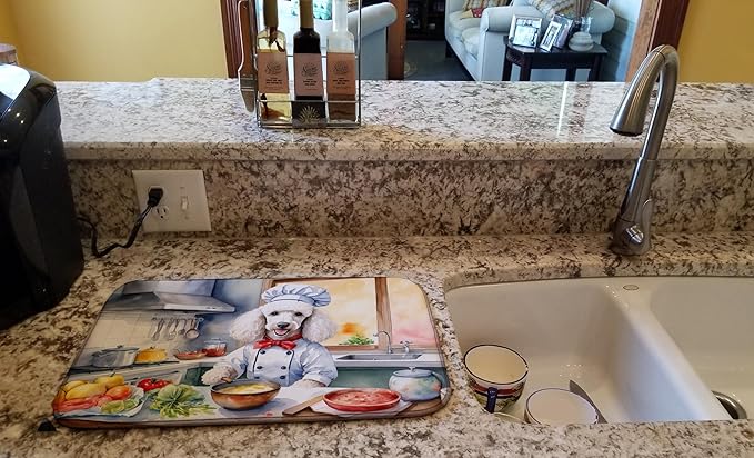 Caroline's Treasures DAC6306DDM White Poodle The Chef Dish Drying Mat Absorbent Dish Drying Mat Pad for Kitchen Counter Dish Drainer Mat for Countertop, 14 x 21", Multicolor