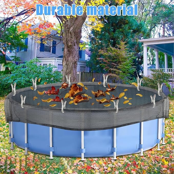 28 Feet Round Leaf Net Cover for Above Ground Pool, Winter Cover Mesh Cover with 20 Pcs Large Metal Clips，Pool Safety Net Fits 28FT Above Ground Pools, Keeps Leaves Out of Your Pool