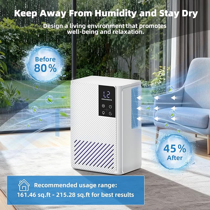 Electactic Dehumidifier, Quiet Efficient Humidity for Home Bedroom Bathroom 800 Sq. Ft, 67OZ Dehumidifier with Touch Control, Multiple Modes, Timer, Auto Shut-Off & RGB 7 Colors Night Light, White