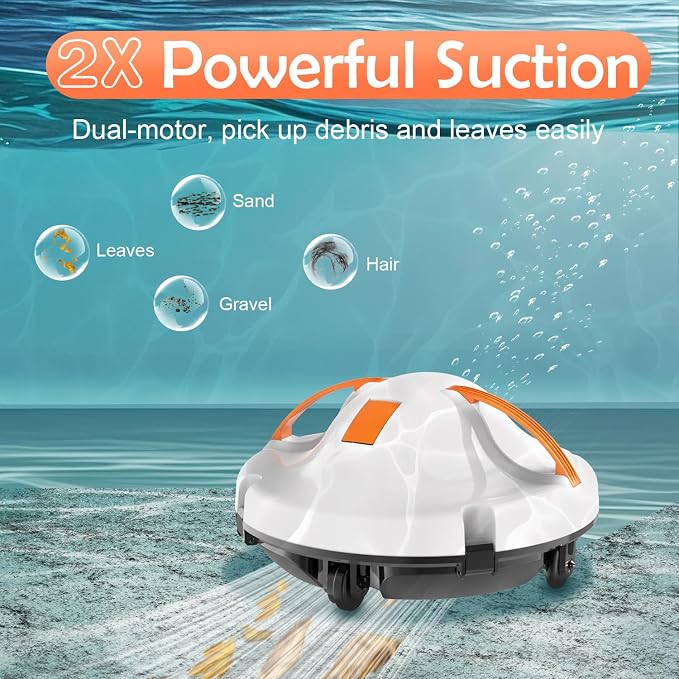 GMAPLAE Cordless Pool Vacuum for Above Ground Pool, Robotic Pool Cleaner with Dual Motors Strong Suction, 130 Mins Runtime, Auto-Parking, Pool Cleaner Robot for Inground Flat Pools Up to 1100 Sq.Ft
