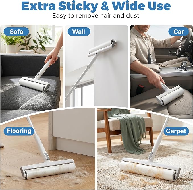13.8" Large Lint Rollers/7.5" Small Lint Rollers for Pet Hair Extra Sticky,Large Roller with Long Handle for Cleaning Carpets, Clothing,Floors,Couch, Furniture Wall Cleaner Mop Dust Remover (White)