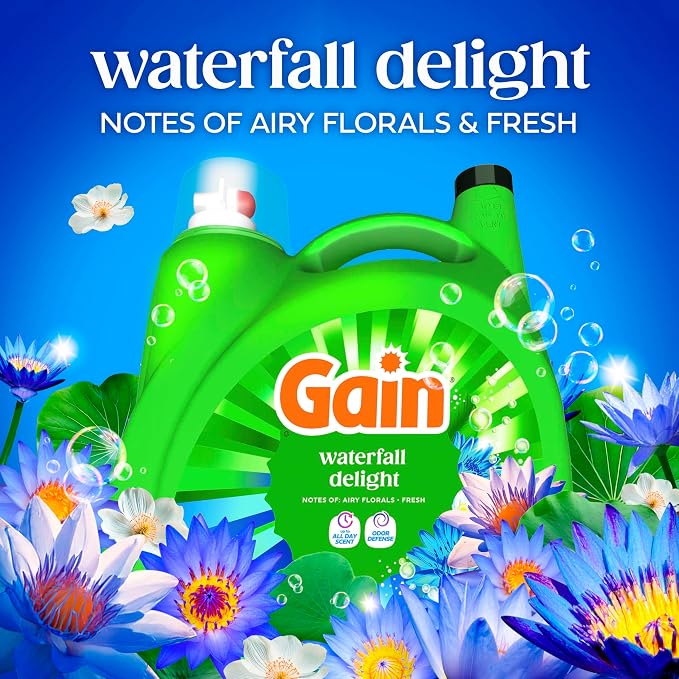 Gain Liquid Laundry Detergent with Odor Defense, Waterfall Delight Scent, Laundry Soap For HE Washing Machines, 177 fl oz, 134 Loads (Packaging May Vary)
