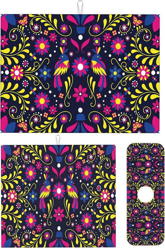 3Pcs Mexican Floral and Bird Dish Drying Mat & Kitchen Sink Splash Guard Faucet Mat For Kitchen Counter Absorbent Microfiber Dishes Pad Dish Drainer Rack Mats Fast Dry Kitchen Accessories