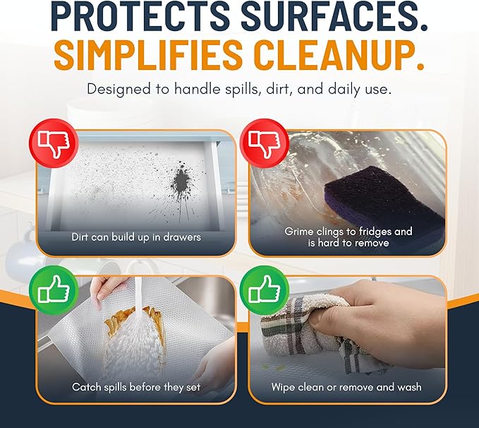 Refrigerator Liners for Shelves (12 Pack) by Linda’s Essentials - Non-Adhesive Shelf or Drawer Liner, BPA-Free Fridge Mats for Kitchen & Cabinets, Easy to Clean, Ideal Household Essentials (Clear)