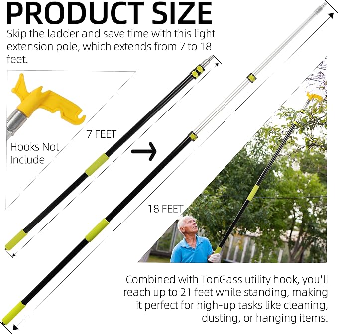 TonGass Telescopic Extension Pole 7-to-18 FT - Lightweight Multi-Purpose With Universal Twist-On Tip for Hanging String Lights, Dusting, Painting, Window Cleaning, and More