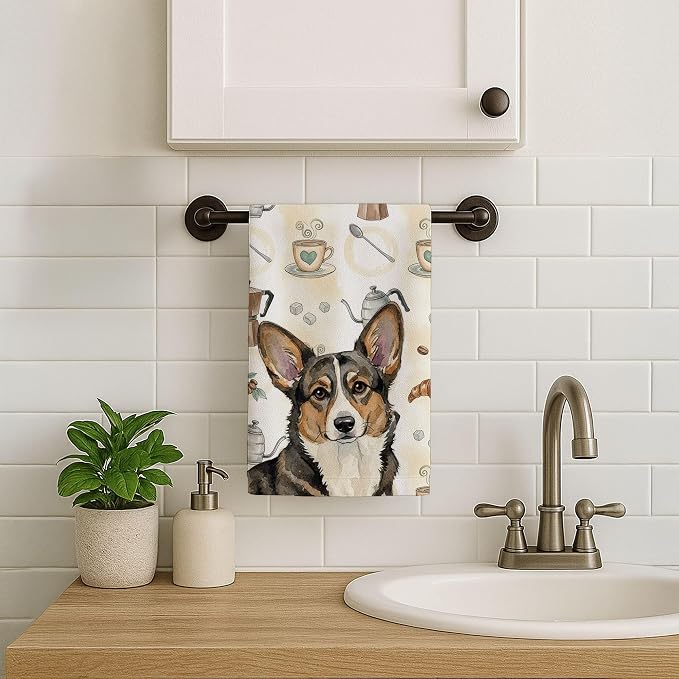 Caroline's Treasures Brindle Cardigan Welsh Corgi Coffee Bar Kitchen Towel Velour Plush Front and Cotton Loop Back Machine Washable