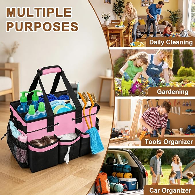 ALSLEA Large Cleaning Caddy Bag - 15" x 10.5" x 9" Heavy-Duty Organizer Tote for Housekeepers, Janitors & Home Cleaning Supplies with Adjustable Shoulder Strap & Multiple Pockets (Pink)