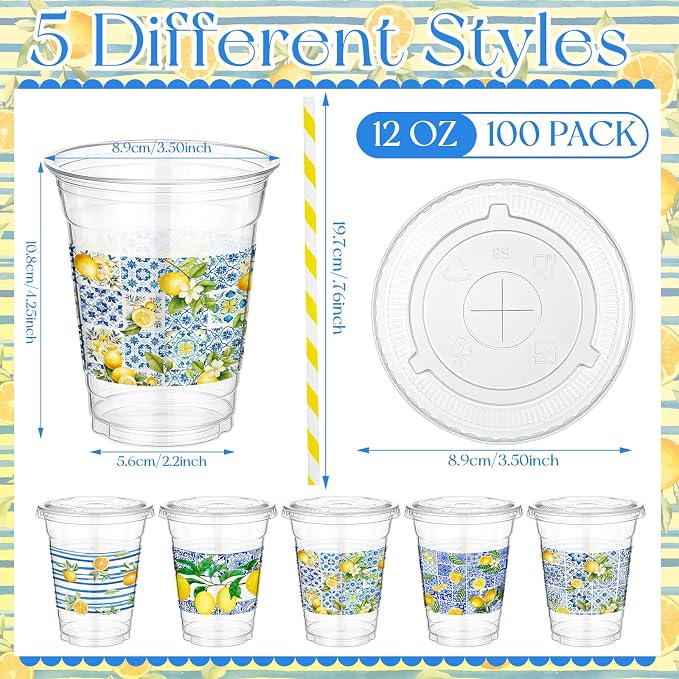 FoldTier 100pcs Capri Lemon Plastic Disposable Cups with Lids and Straws 12oz, Plastic Lemon Stand Drinking Cups for Bridal Shower Supplies Summer Citrus Fruit Amalfi Coast Party Decorations