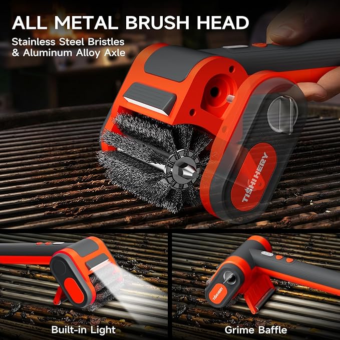 Electric Grill Brush for Outdoor Grill, 800 RPM Brush Head, 3000mAh Battery, No Preheating Grill, 304 Stainless Steel Bristle, Rechargeable Cordless BBQ Grill Cleaner with LED Light, Gift for Men/Dad
