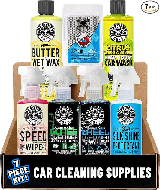 Chemical Guys Starter Car Care & Cleaning Kit, 7-Piece Detailing Car Wash Kit with 6 Premium 16 oz Care Chemicals and Accessories for Washing, Waxing, and Interior Cleaning