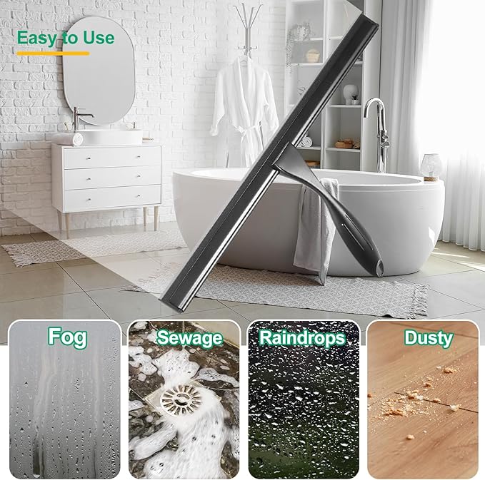uxcell 14 Inch Shower Squeegee for Glass Doors, Stainless Steel All-Purpose Bath Squeegee with Hooks Holder Square Sticky Hook for Bathroom Window Mirror Car Glass, Black