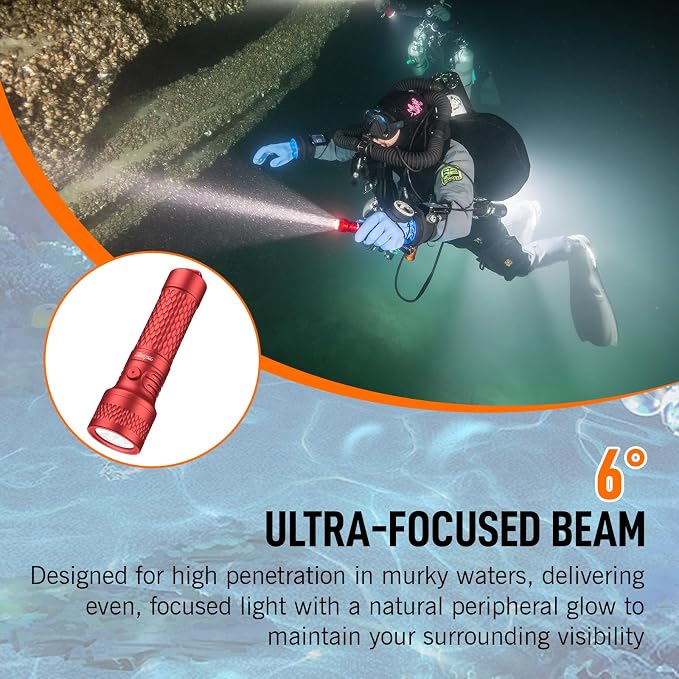 ORCATORCH ORCA7 Dive Light, 3000 Lumens SOS Signal Scuba Diving Flashlight, 6° Narrow Beam Underwater Torch, IP68 Waterproof Rated to 150M for Night Diving, Cave Exploration&Technical Scuba Gear (Red)