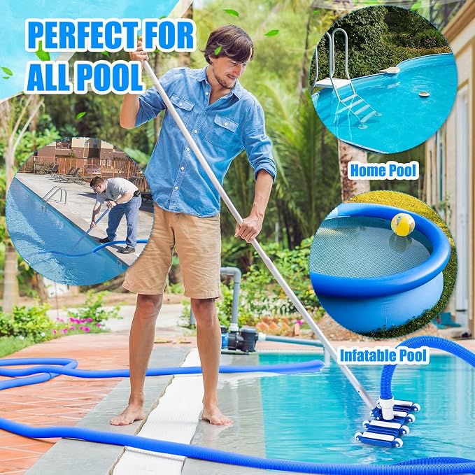 3 Pcs Pool Vacuum Kits Include 14" Vacuum Head with 47" Adjustable Pole with 1-1/2" x 18ft Long Hoses Flexible Head with Wheels for Above Ground Inground Pond Spa Hot Tub
