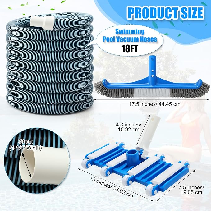 3 Pcs Pool Cleaning Kit Swimming Pool Vacuum Head Hoses 1-1/2" x 30ft with Swivel Wheel Vacuum Head and 14 '' Brush for Inground & Above Ground Pools Spas Ponds Cleaning Manual(Wheel)