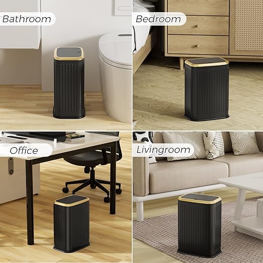Bathroom Trash Can with Lid 8L/2.1 Gallon Black Trash Can Small Garbage Can with Press Top Lid Slim Stainless Steel Garbage Can with 100 Counts Trash Bags for Bathroom Bedroom Kitchen Office Toilet