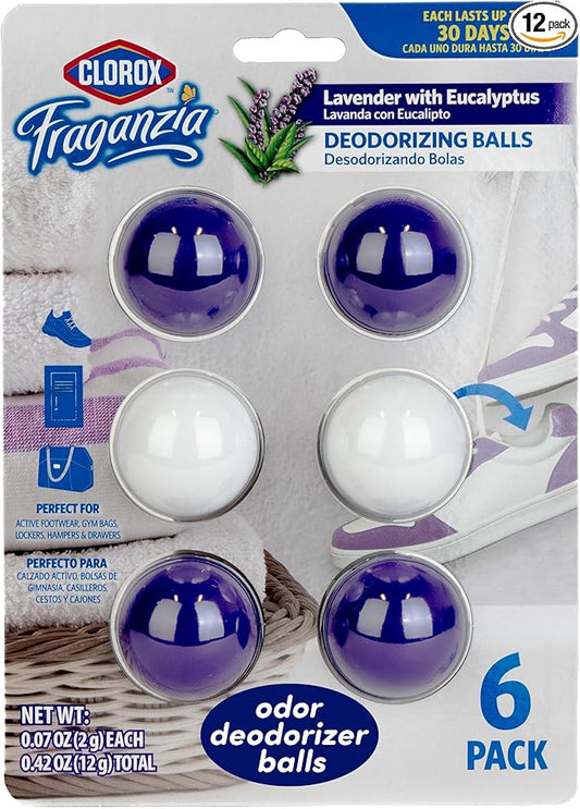 Clorox Fraganzia Deodorizing Balls with Lavender and Eucalyptus Scent,Shoe and Bag Odor Eliminator Balls for Shoes Lockers-and Gym Bags with Long Lasting Freshness,6 Count (Pack of 12)