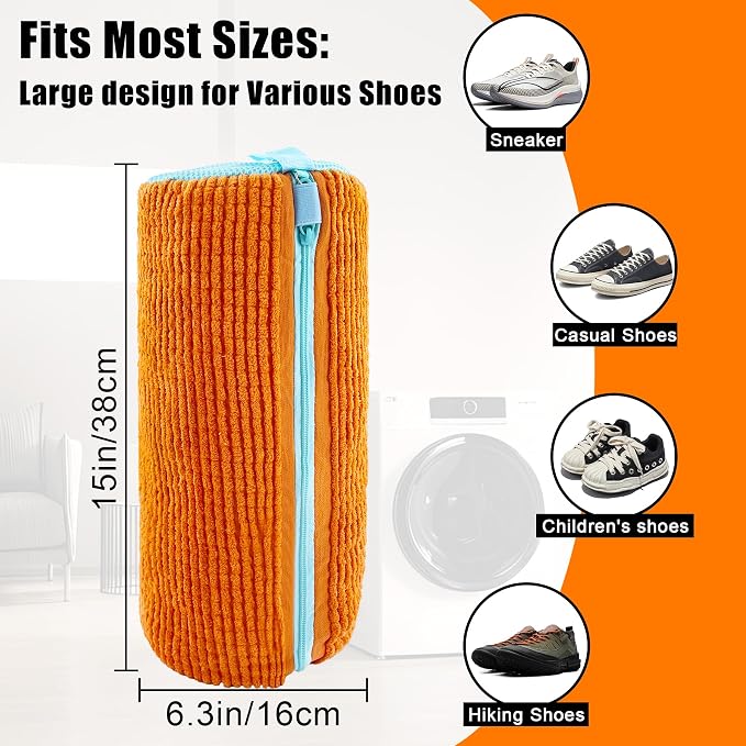 Shoe Washing Machine Bag, 2 Pack Shoe Laundry Bags for Washer and Dryer, Reusable Sneaker Wash Bag with Self-Locking Zipper, 360° Deep Cleaning, Protects Shoes and Washer(Orange)