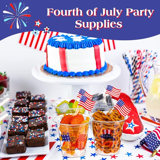 Tanlade 200 Pcs 4th of July Plastic Cups 12 oz Patriotic Red White and Blue Cups Disposable American Flag Design 250th Anniversary Party Supplies for Fourth of July Independence Day Decorations
