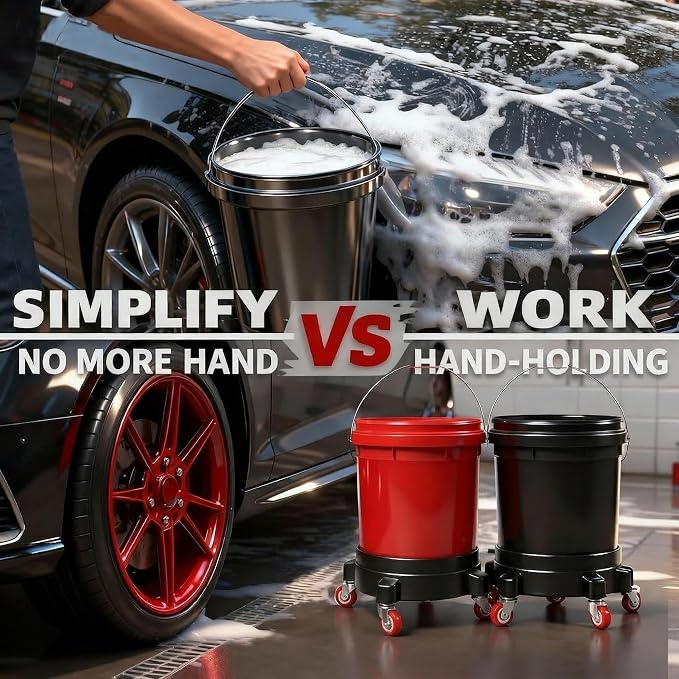 2 Pcs 5 Gallon Bucket Dolly, 11 Inch, Black Set | 1 Car Washing Glove, 5 Heavy Duty Wheel Casters, 360° Rolling, Connectable & Locking, For Car Wash, Garden & Garage