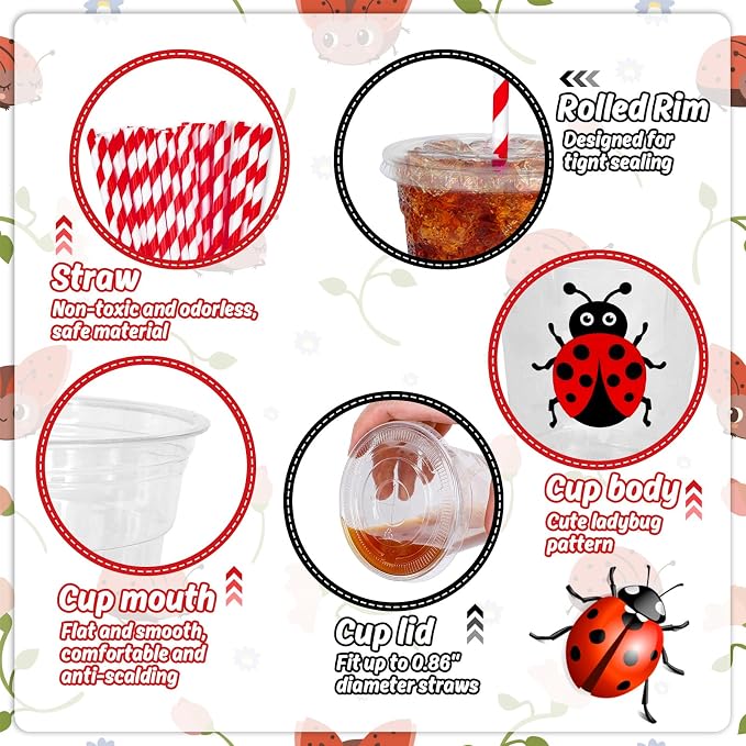 Whaline 50Pcs Ladybug Disposable Plastic Cups with Lids and Straws Cute Insect Cold Beverage Drinking Cups for Birthday Wedding Party Supplies