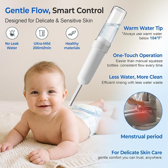 Electric Portable Bidet for Travel, Rechargeable for Women Postpartum, Period & Hygiene | 3 Pressure Modes, 260 Uses/Charge, IPX7 Waterproof, Foldable & Compact, Standard Bottle Fit, USB-C Charging, White