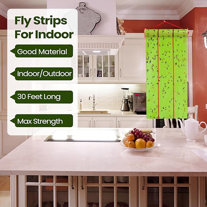 Qualirey Giant Sticky Fly Traps, Fly Strips for Indoor Outdoor Hanging Flying Tapes Non Toxic Ribbon Fruit Gnat Killer for Mosquito Plants House Horse Stable(30 ft,Fluorescent Green,5 Pcs)