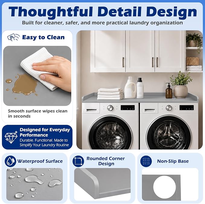 ROYXEN Washer Dryer Countertop, Laundry Countertop Solid Wood Core, Countertop for All Front-Loaded Washing Machine and Dryer, Extra Room for Laundry Room, Gray
