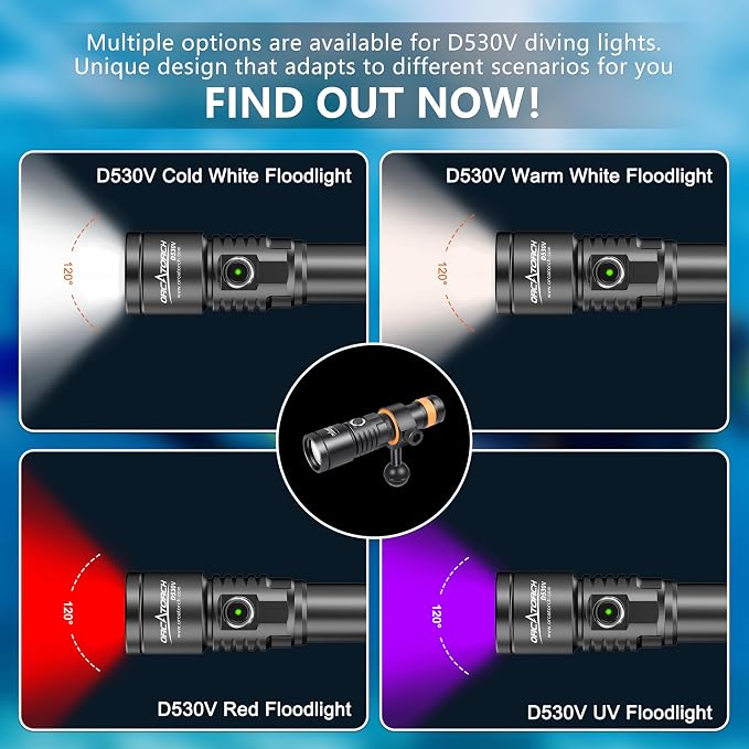 ORCATORCH D530V 1200 Lumens Underwater Video Light, 120° Super Wide Beam Dive Flashlight, 2 Modes with ZJ18 Ball Joint, IP68 Waterproof (150m) for Scuba Diving Photography/Videography