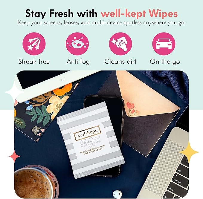 Well-Kept Tech & Lens Wipes - Eyeglass, Screen & Phone Cleaning, Multi-Surface, Lint-Free, Pre Moistened, Streak-Free & Non Scratching - Hamptons, 12 Pack (180 Count)