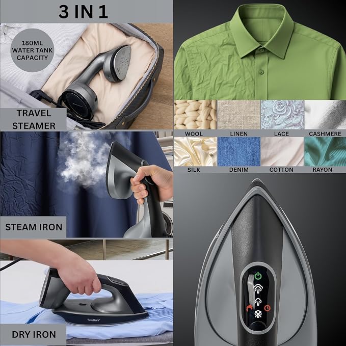True & Tidy DuoPress XL 2-in-1 Clothes Steamer & Iron, 1600W Powerful Turbo Steam, Large Ceramic Plate, Smart Temperature Control, 3 Steam Modes, Portable Handheld Wrinkle Remover for All Fabrics