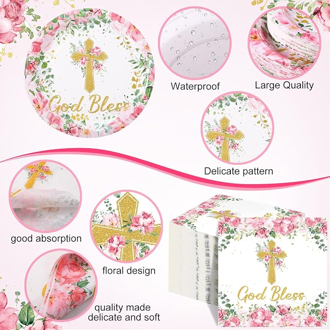 Pickmesh 250 Pcs Pink Baptism Cross Disposable Tableware Set Confirmation Baptism Disposable Paper Plates Napkins Cups for First Holy Communion Christening Baby Shower Girl Religious Supplies Serve 50
