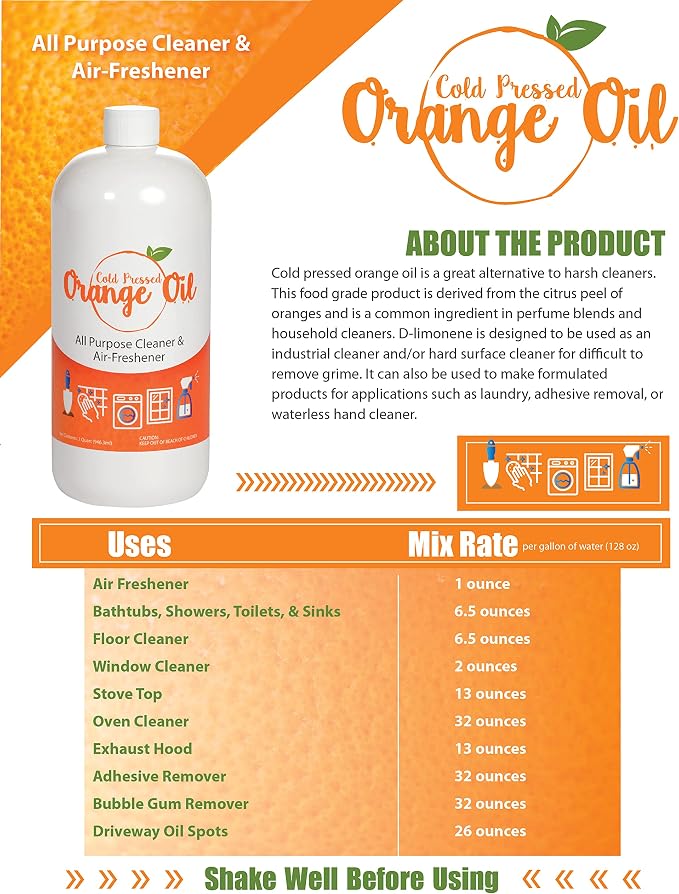 Bluewater Chemgroup Premium Cold Pressed Orange Oil Concentrate- 16 oz (with D-Limonene), Concentrated Cold Pressed Orange Oil Cleaner - All-Purpose Citrus Cleaner and Degreaser Blend