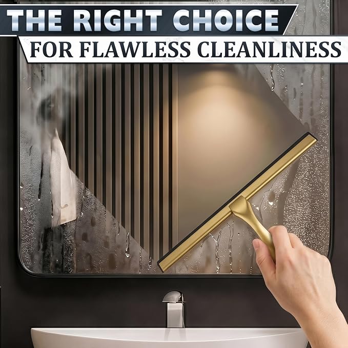 Shower Door Squeegee with Hook - 14" Silicone Blade, Stainless Steel Gold Squeegee for Shower Glass with Adhesive Mount - All-Purpose Bathroom Tile, Mirror, & Window Wiper for Streak-Free Cleaning