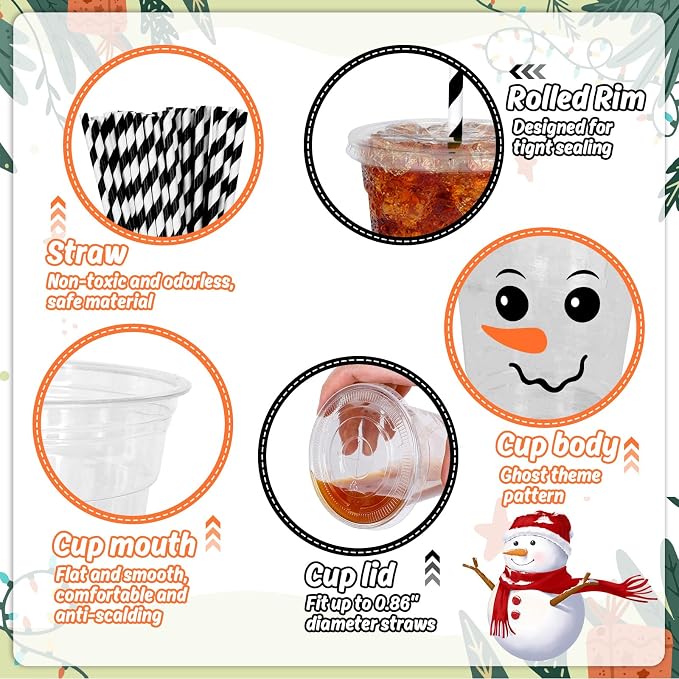 FYSUIMU 100Pcs 12Oz Snowman Plastic Cups with Lids and Straws Christmas Winter Disposable Cup Cute Snowman Face Cold Beverage Drinking Cups for Winter Xmas Party Supplies