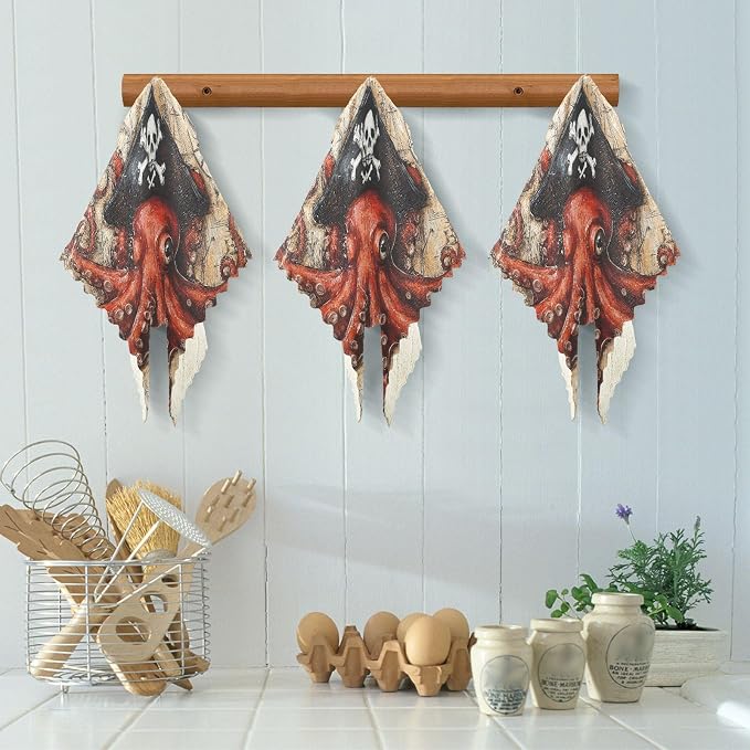 Octopus Pirate and Compass Kitchen Towels Dish Cloths Set of 6 Microfiber Cleaning Cloths for Cars Super Absorbent Machine