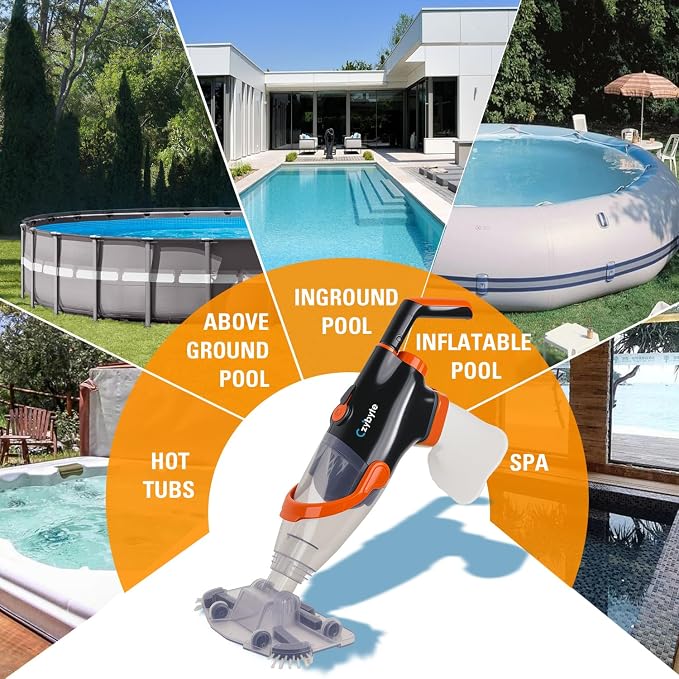 Handheld Pool Vacuum Cleaner, Rechargeable Pool Bottom Cleaner with Strong Suction, 1 H Runtime, 89 inchs Extension Pole,for Above Ground/Inground Pools, Spas and Hot Tubs, Orange and White