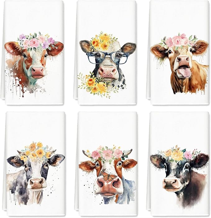JarThenaAMCS Floral Cow Kitchen Towel 18 x 28 Inch Cute Cow Print Dishcloth Watercolor Decorative Hand Drying Tea Towel for Baking Cooking Cleaning Party Supplies, 6Pcs