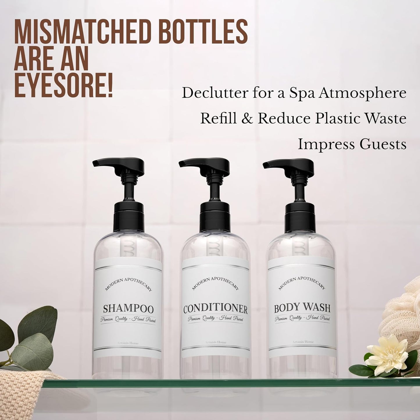 Clear Refillable Shampoo and Conditioner Bottles - Body Wash, Shampoo and Conditioner Dispenser - PET Plastic Shampoo Bottles Refillable with Pump - Waterproof Labels - 16 oz, 3 Pack