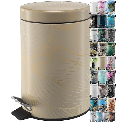 Sanilo Small Bathroom Trash Can with Lid [1.3 Gallon] - Lidded Tiny Trashcan for Garbage - Mini Metal Bin with Soft Closing Mechanism - Bath Room Accessoire Wastebin with Inner Bucket (Hosta)