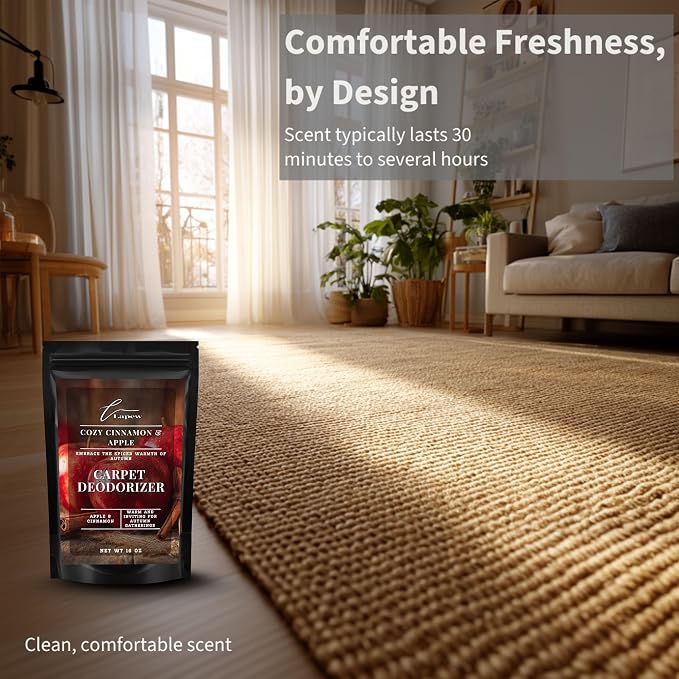 Lapew Cozy Cinnamon & Apple Carpet Deodorizer Powder - Pet Safe Freshener for Vacuuming | Scented Odor Eliminator for Home | 16 oz