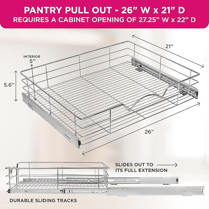 HOLDN’ STORAGE Pull Out Cabinet Organizer, Slide Out Drawer for Kitchen Cabinets & Pantry, Roll Out Shelf for Pots, Pans & Under Sink Storage, Heavy-Duty Full-Extension, 26"W x 21"D x 5"H