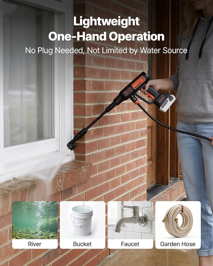VEVOR Cordless Pressure Washer, 1200PSI MAX Portable Pressure Washer with Brushless Motor, 6-in-1 Nozzle & Water Hose, 4 Speed Adjustable, Battery Powered Handheld Power Cleaner for Home Garden Patio