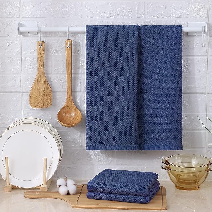 Kitinjoy 100% Cotton Waffle Weave Kitchen Hand Towels (13 x 28 Inches, Navy Blue), 4-Pack Super Soft and Absorbent Dish Towels for Drying Dishes