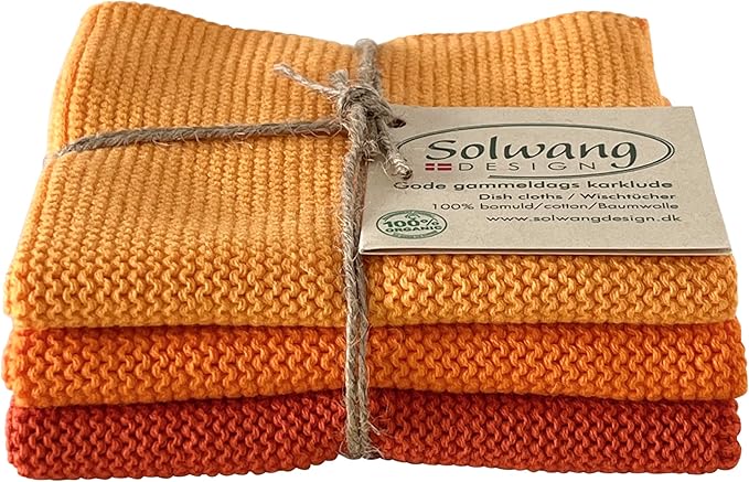 Solwang 3-Piece Danish Cotton Dishcloths in 100% Certified Organic Cotton Made in India (Orange Organic Combi)