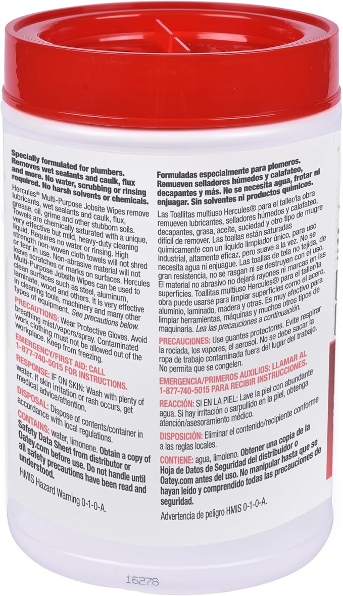 Oatey Hercules 12 in. x 10 in. Multi-Purpose Jobsite Wipes, Dispenser Tub of 70 Towels 45333-1 Each