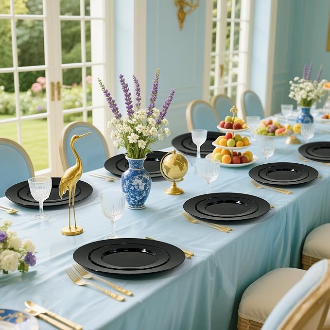100 PCS Black Plastic Plates, Plastic Black Disposable Plates Include 50 10 inch Dinner Plate and 50 7 inch Dessert Plate Perfect for Party, Wedding