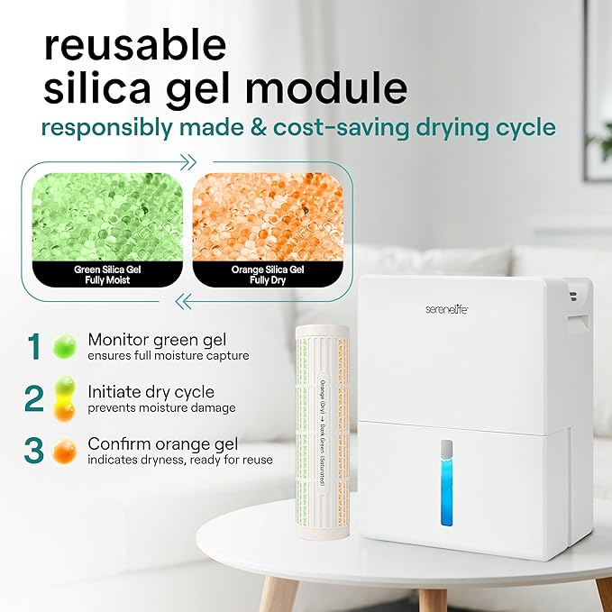 SereneLife 91 OZ Dehumidifier For Home | Covers 1200 SQ FT For Basements, Bedrooms, Bathrooms & Offices | Includes Removable Natural Dehumidifier For Closet | Set Timer, Sleep Mode & Humidity | White