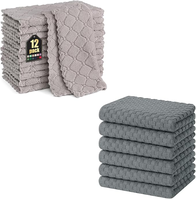 Homaxy 12 Pack Kitchen Dish Cloths (10 x 10 Inches, Grey) and Terry Kitchen Towels(15" x 25", 6 Pack, Dark Grey)