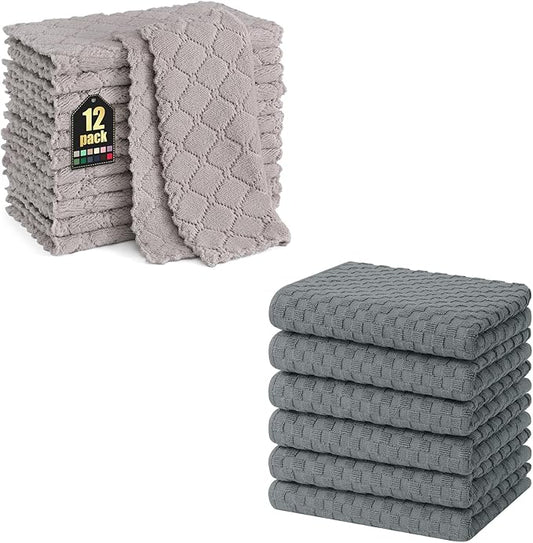 Homaxy 12 Pack Kitchen Dish Cloths (10 x 10 Inches, Grey) and Terry Kitchen Towels(15" x 25", 6 Pack, Dark Grey)